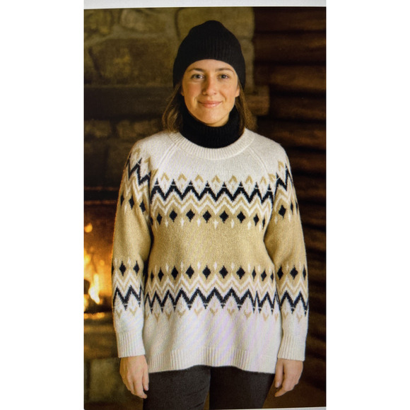 Ann Taylor LOFT Fair Isle crew Neck Ski Sweater size XL ivory tan lambs wool bld - Picture 1 of 10